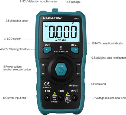 HANMATEK Multimeter, Auto-Ranging Digital Multimeter, Electrical Tester with NCV,True RMS 6000 Counts AC/DC Voltmeter Ammeter Ohmmeter, Resistance, Live Line Digital Testers with LCD Backlight