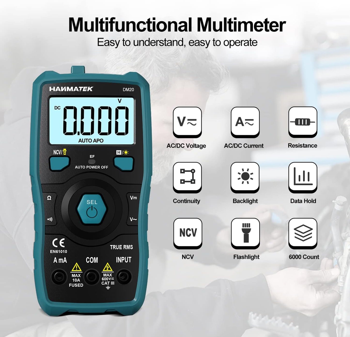 HANMATEK Multimeter, Auto-Ranging Digital Multimeter, Electrical Tester with NCV,True RMS 6000 Counts AC/DC Voltmeter Ammeter Ohmmeter, Resistance, Live Line Digital Testers with LCD Backlight