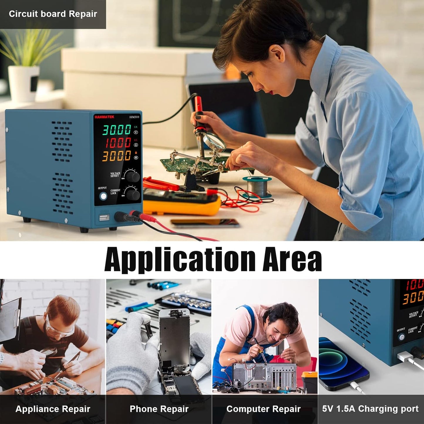 Adjustable DC Power Supply (0-30 V 0-10 A) HANMATEK HM310 Mini Variable Switching Digital Bench Power Supply with USB Charging Port