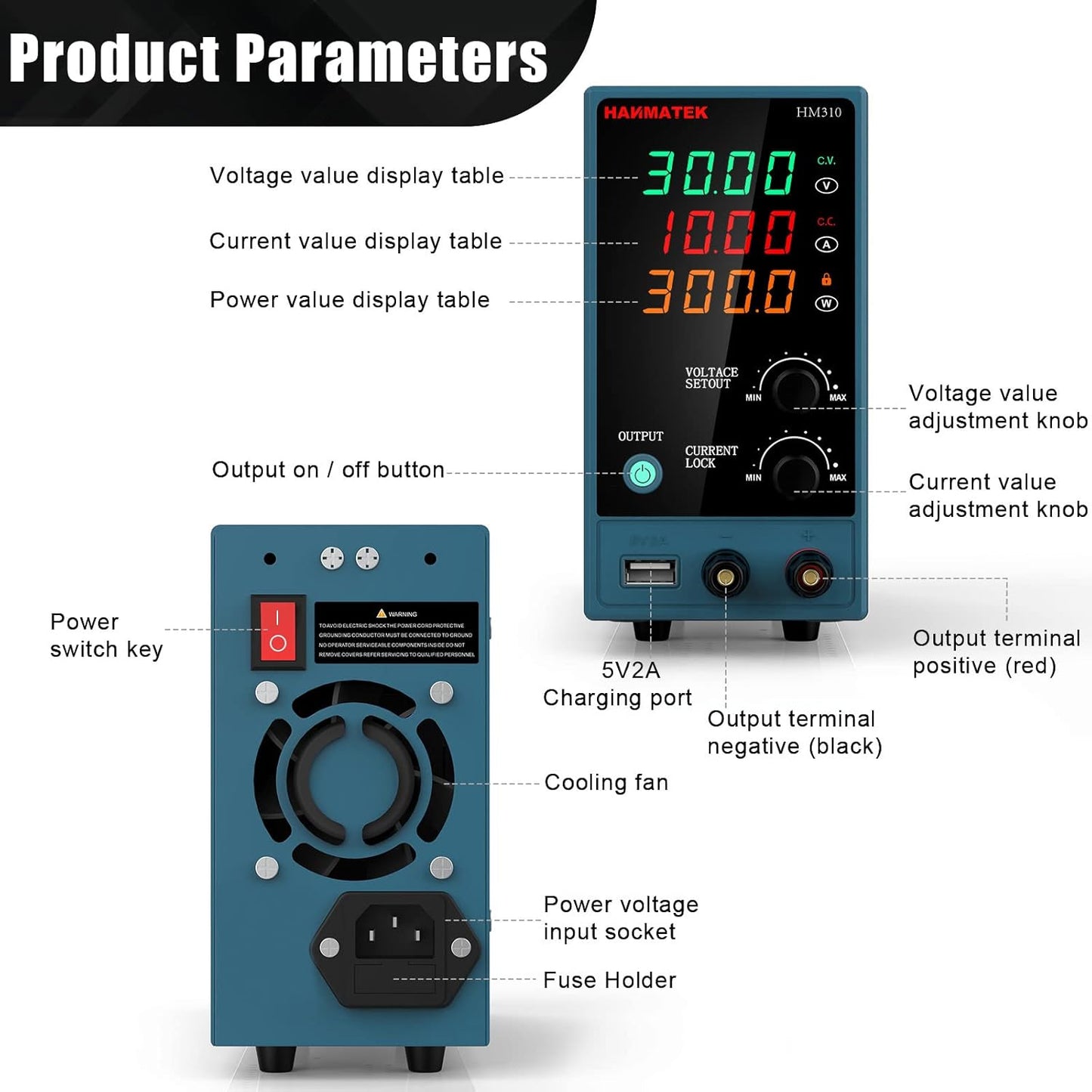 Adjustable DC Power Supply (0-30 V 0-10 A) HANMATEK HM310 Mini Variable Switching Digital Bench Power Supply with USB Charging Port