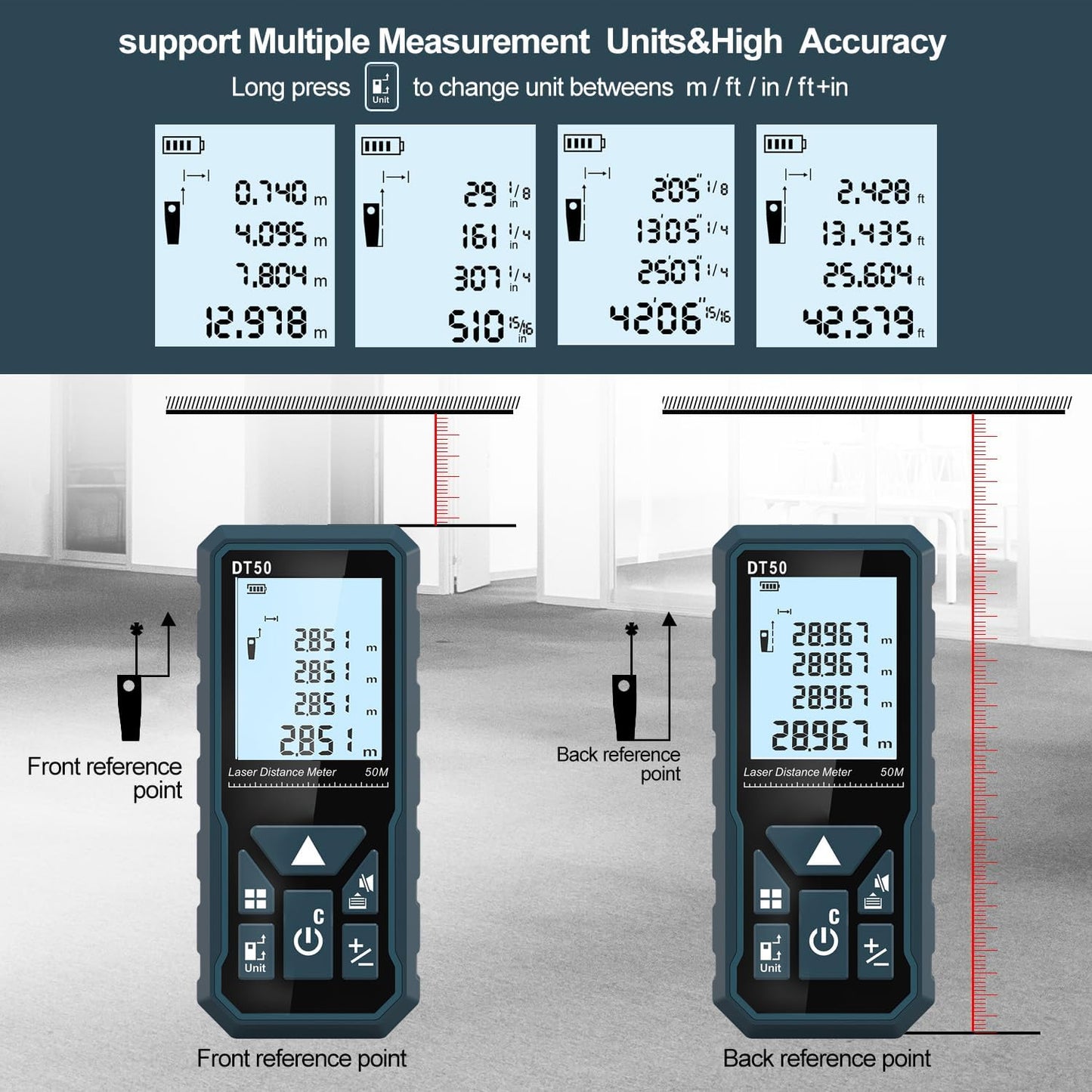 HANMATEK Laser Distance Meter 50m, DT50 Laser Measure 165ft with Portable Handle Digital Measure Tool Range Finder 4-Line Backlit Large LCD Display IP54 Shockproof