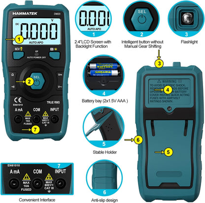 HANMATEK Multimeter, Auto-Ranging Digital Multimeter, Electrical Tester with NCV,True RMS 6000 Counts AC/DC Voltmeter Ammeter Ohmmeter, Resistance, Live Line Digital Testers with LCD Backlight