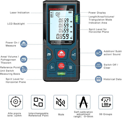 HANMATEK 165ft/50m Laser Measure Ft/in/M Switching LM50 Laser Measurement Tool Devices with 2 Bubble Levels Distance Meter,Large Backlit LCD and Pythagorean Mode, Carry Pouch and Battery Included