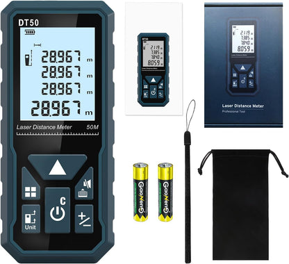 HANMATEK Laser Distance Meter 50m, DT50 Laser Measure 165ft with Portable Handle Digital Measure Tool Range Finder 4-Line Backlit Large LCD Display IP54 Shockproof