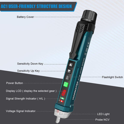 HANMATEK Non-Contact Voltage Tester with 9 Gear Adjustable Sensitivity Voltage Detector Pen AC Circuit Tester Tool LCD Display LED Flashlight Buzzer Alarm Range12V-1000V & Live/Null Wire Judgment AC1