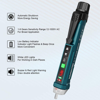 HANMATEK Non-Contact Voltage Tester with 9 Gear Adjustable Sensitivity Voltage Detector Pen AC Circuit Tester Tool LCD Display LED Flashlight Buzzer Alarm Range12V-1000V & Live/Null Wire Judgment AC1