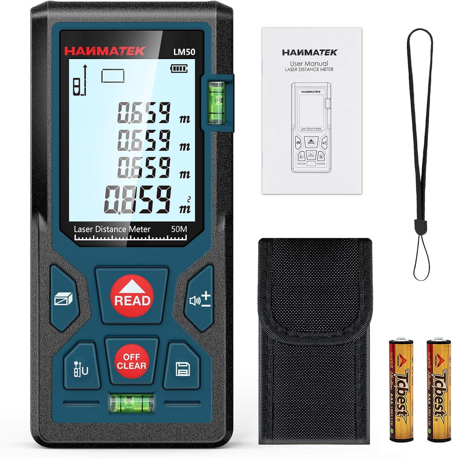 HANMATEK 165ft/50m Laser Measure Ft/in/M Switching LM50 Laser Measurement Tool Devices with 2 Bubble Levels Distance Meter,Large Backlit LCD and Pythagorean Mode, Carry Pouch and Battery Included