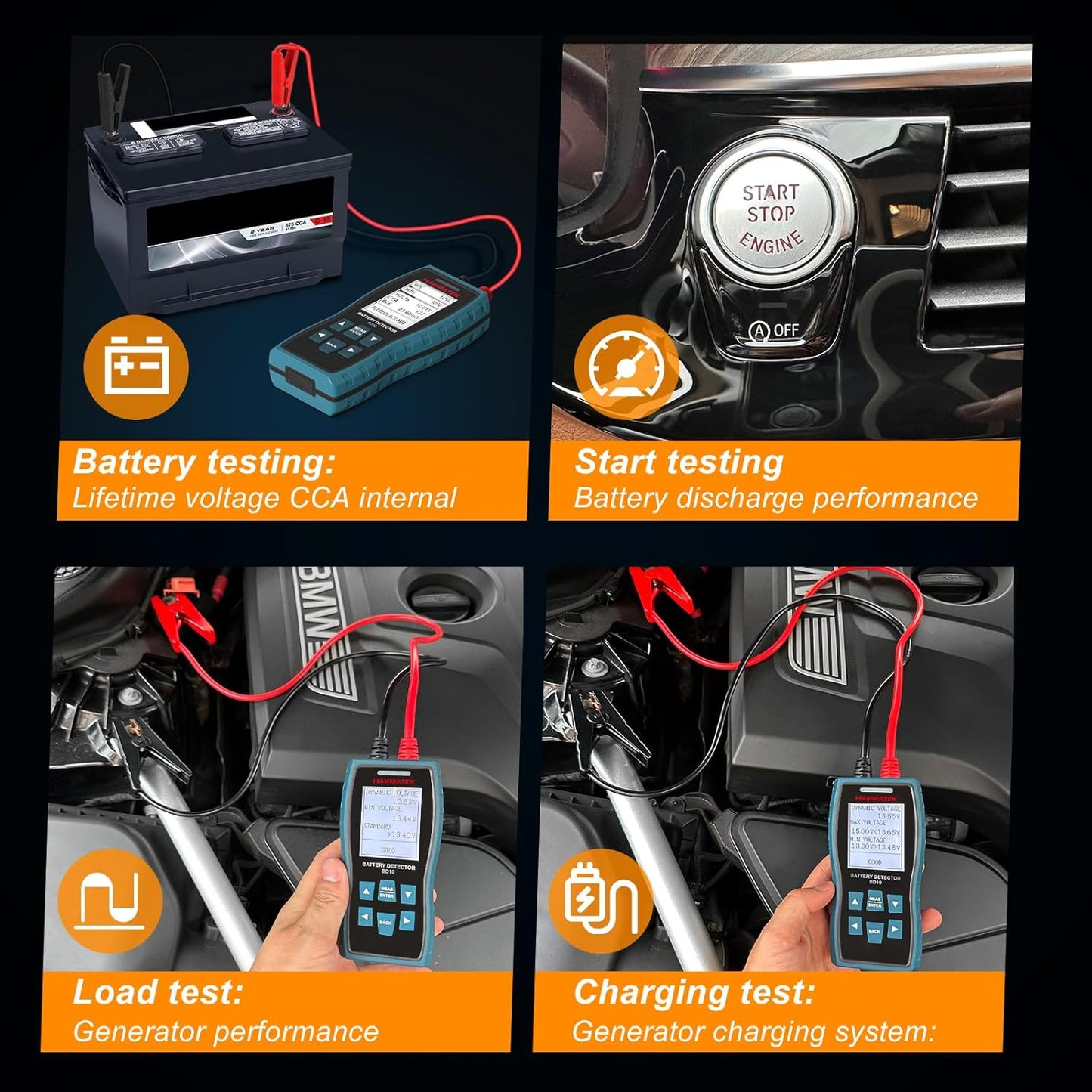 HANMATEK BD10 12V/24V Car Battery Tester, 100-2000 CCA Load Tester Automotive Alternator Tester Digital Auto Battery Analyzer Charging Cranking System Tester for Car Truck Marine Motorcycle SUV Boat