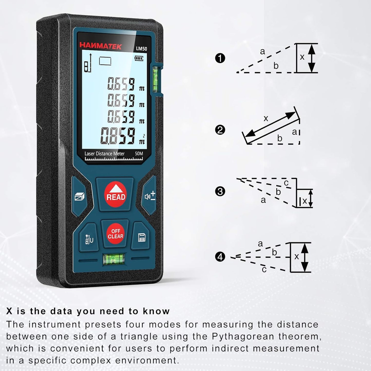 HANMATEK 165ft/50m Laser Measure Ft/in/M Switching LM50 Laser Measurement Tool Devices with 2 Bubble Levels Distance Meter,Large Backlit LCD and Pythagorean Mode, Carry Pouch and Battery Included