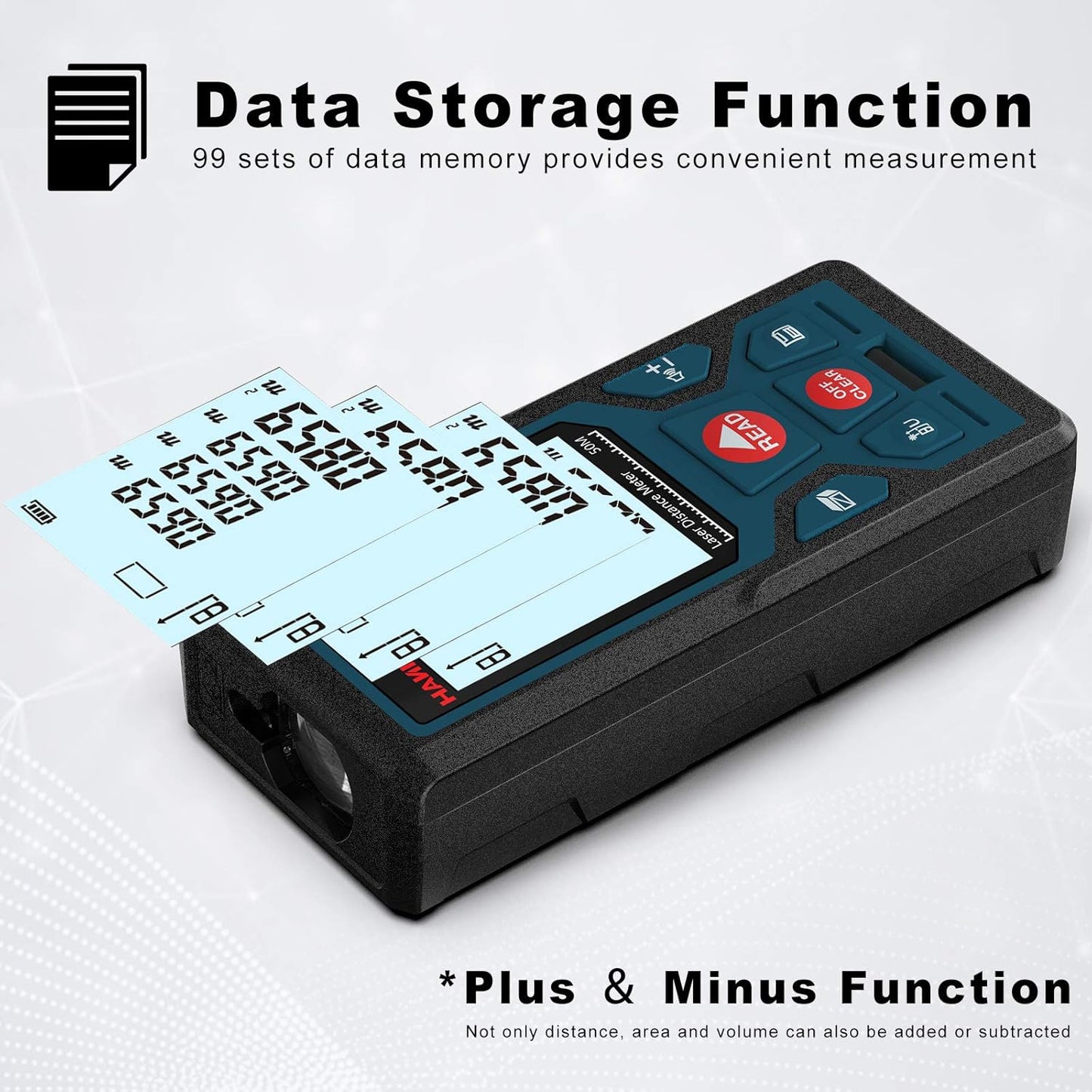 HANMATEK 165ft/50m Laser Measure Ft/in/M Switching LM50 Laser Measurement Tool Devices with 2 Bubble Levels Distance Meter,Large Backlit LCD and Pythagorean Mode, Carry Pouch and Battery Included
