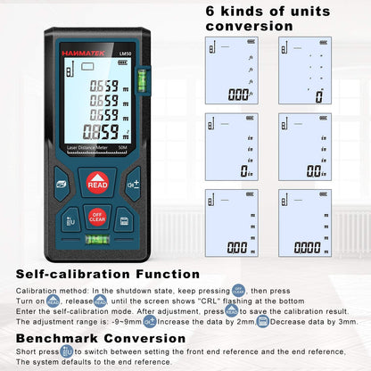 HANMATEK 165ft/50m Laser Measure Ft/in/M Switching LM50 Laser Measurement Tool Devices with 2 Bubble Levels Distance Meter,Large Backlit LCD and Pythagorean Mode, Carry Pouch and Battery Included